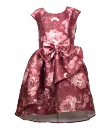 Bonnie Jean Burgundy Floral Mikado Bow Front Hi-Low Dress